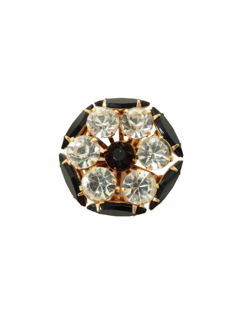 Vintage Gold Tone Clear & Black Glass Rhinestone Hexagonal Brooch Pin